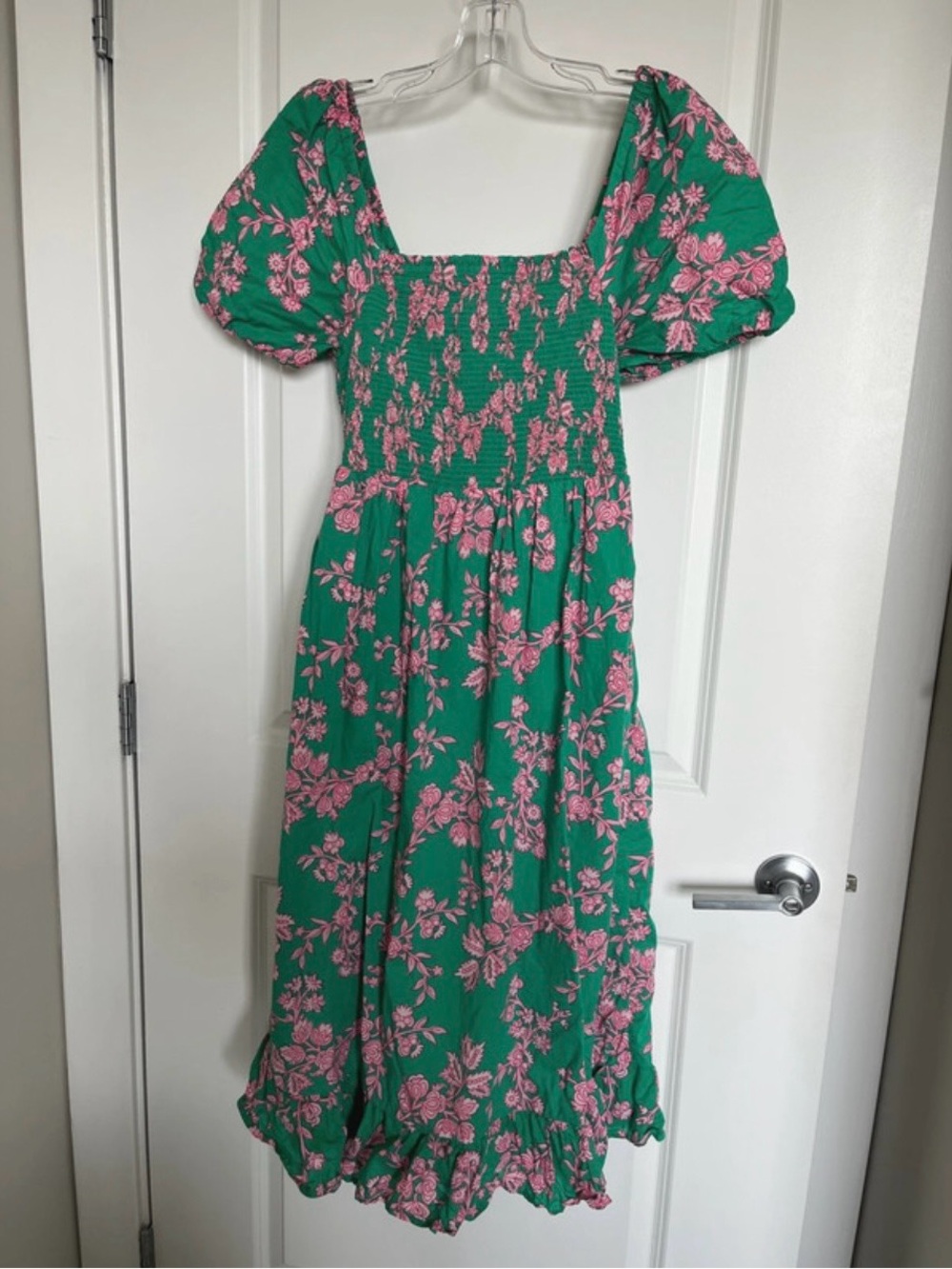 JCREW floral smocked peasant boho dress pink green M